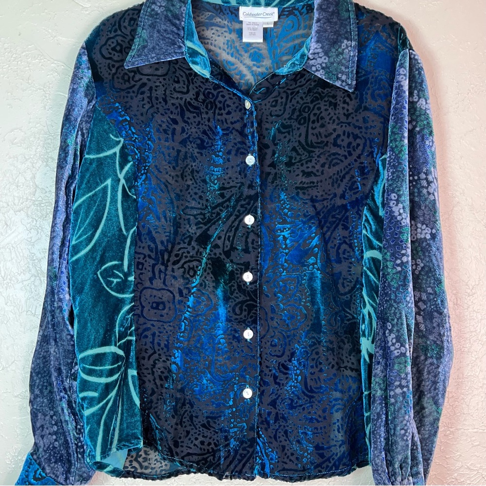 COLDWATER CREEK VELVET BURNOUT MIXED MEDIA LS BUTTON DOWN TOP SIZE LARGE